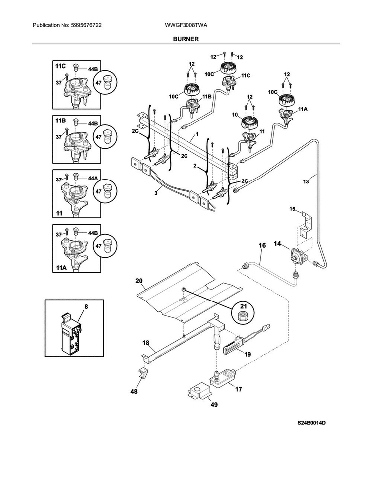 Burner Diagram and Parts List for WWGF3008TWA  Westinghouse Range