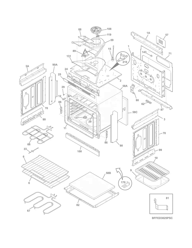 Body Diagram and Parts List for FFED3025PSE  Frigidaire Range