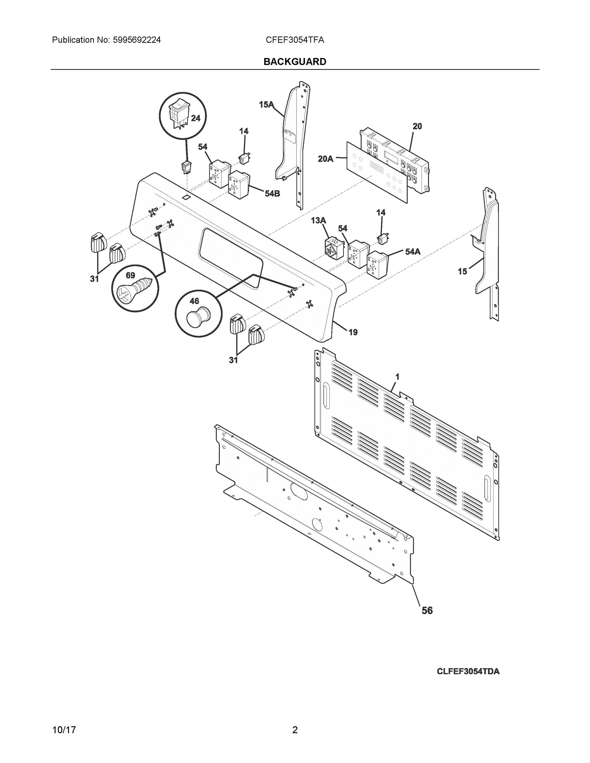 02 - BACKGUARD Diagram and Parts List for CFEF3054TFA  Frigidaire Range