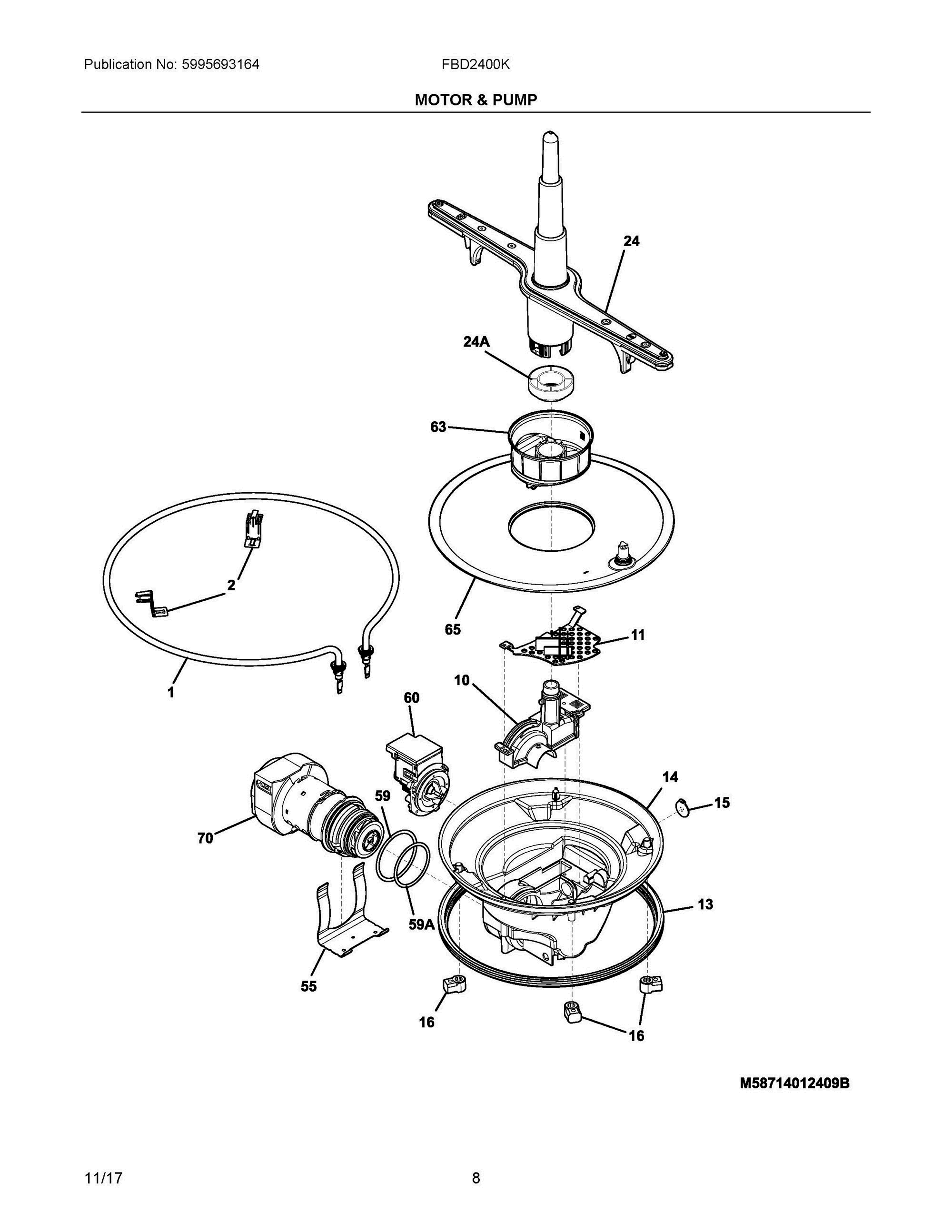 05 - MOTOR & PUMP Diagram and Parts List for FBD2400KS9B  Frigidaire Dishwasher