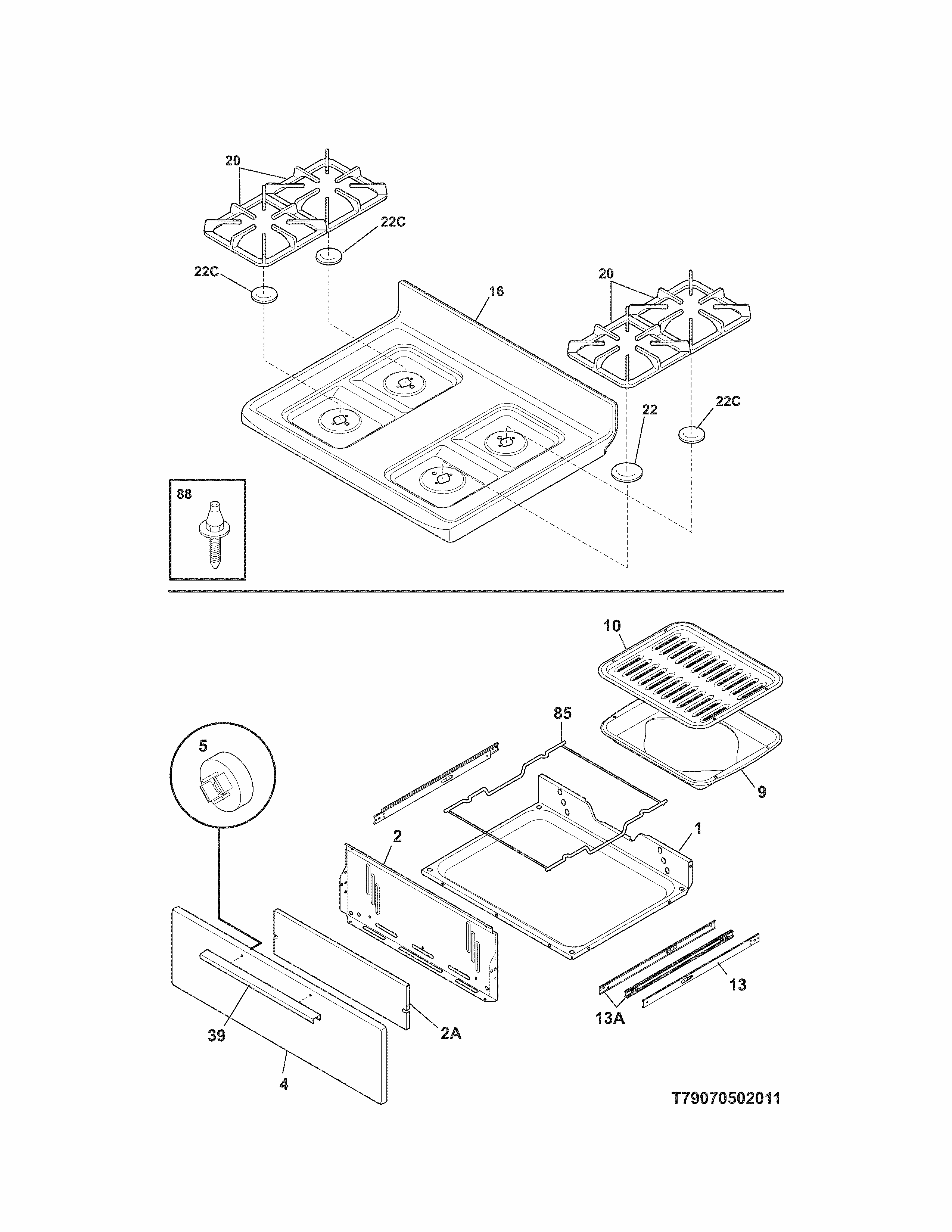 Top/drawer Diagram and Parts List for 79070502010  Kenmore Range