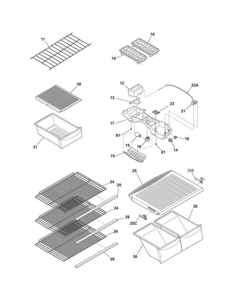 Shelves Diagram and Parts List for MRTD18V5MW0  Frigidaire Refrigerator