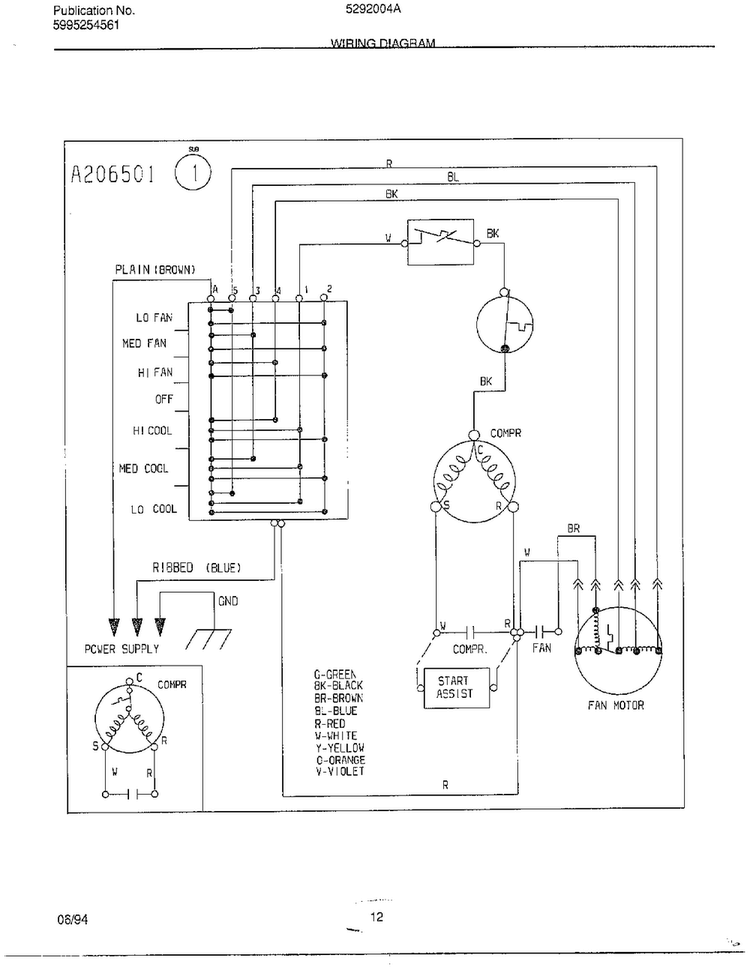 Wiring Information Diagram and Parts List for 5292004A  Frigidaire Air Conditioner