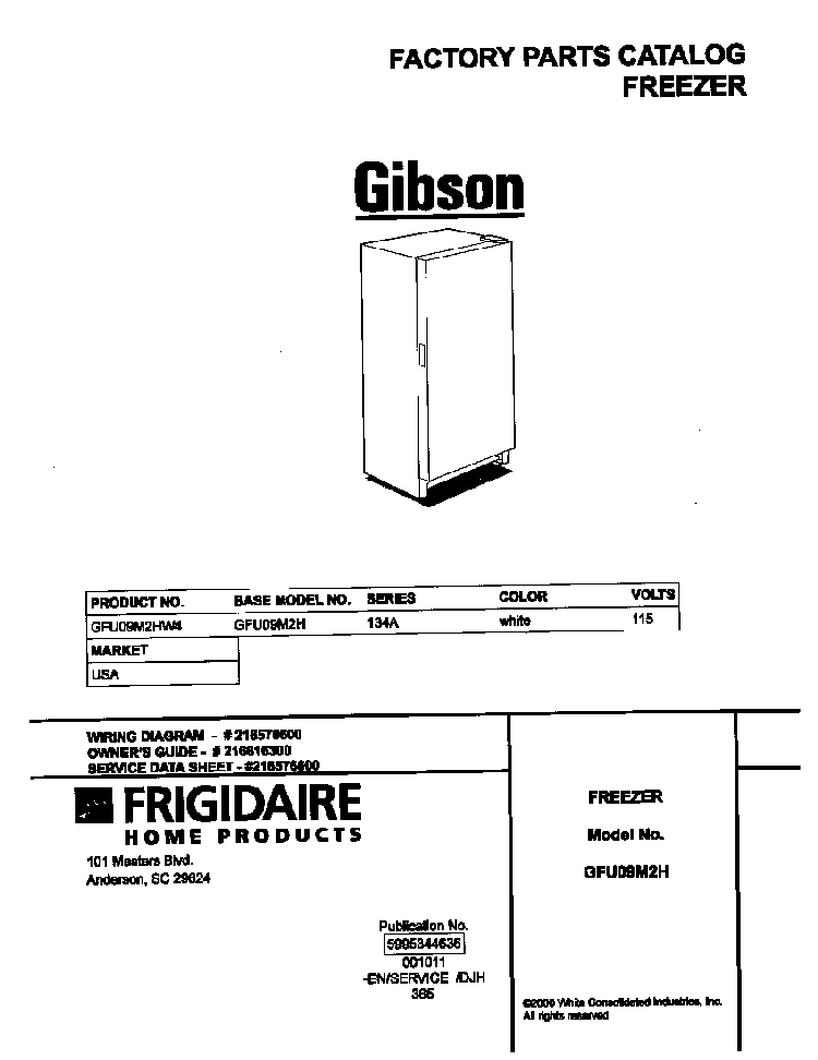 Cover Diagram and Parts List for GFU09M2HW4  Gibson Freezer