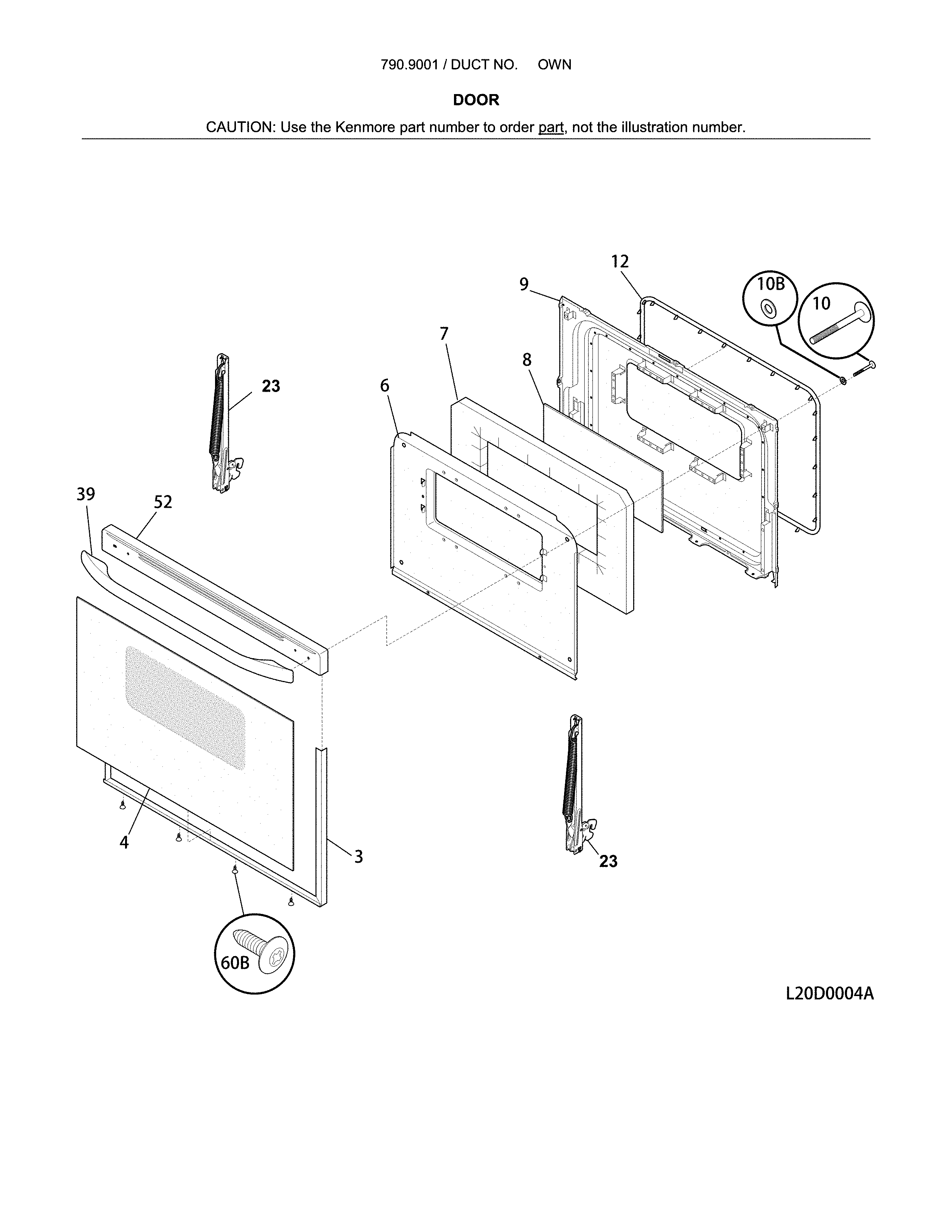 Door Diagram and Parts List for 79090012313  Kenmore Range