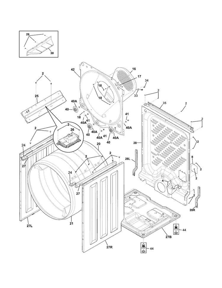 Cabinet/drum Diagram and Parts List for FARE1011MW1  Frigidaire Dryer