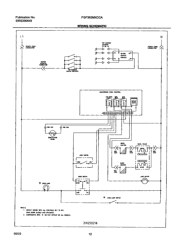 WIRING SCHEMATIC Diagram and Parts List for FGF363MXCCA  Frigidaire Range