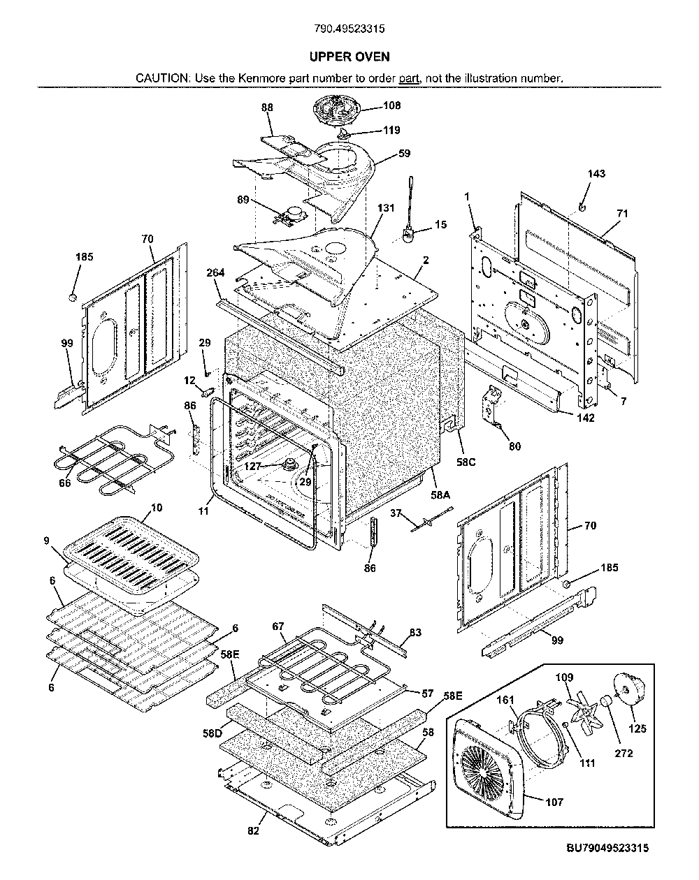 Upper oven Diagram and Parts List for 79049523315  Kenmore Wall Oven