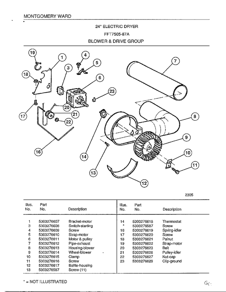 Blower And Drive Group Diagram and Parts List for 7505-87A  Frigidaire Dryer