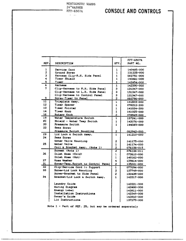 24` Washer/ Console And Controls Page 2 Diagram and Parts List for 6507A  Frigidaire Washer