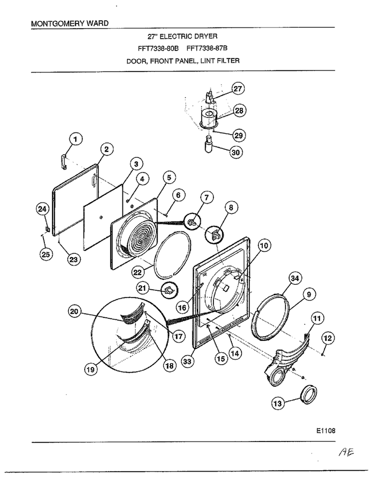 Door, Front Panel, Lint Filter Diagram and Parts List for 7338B  Frigidaire Dryer
