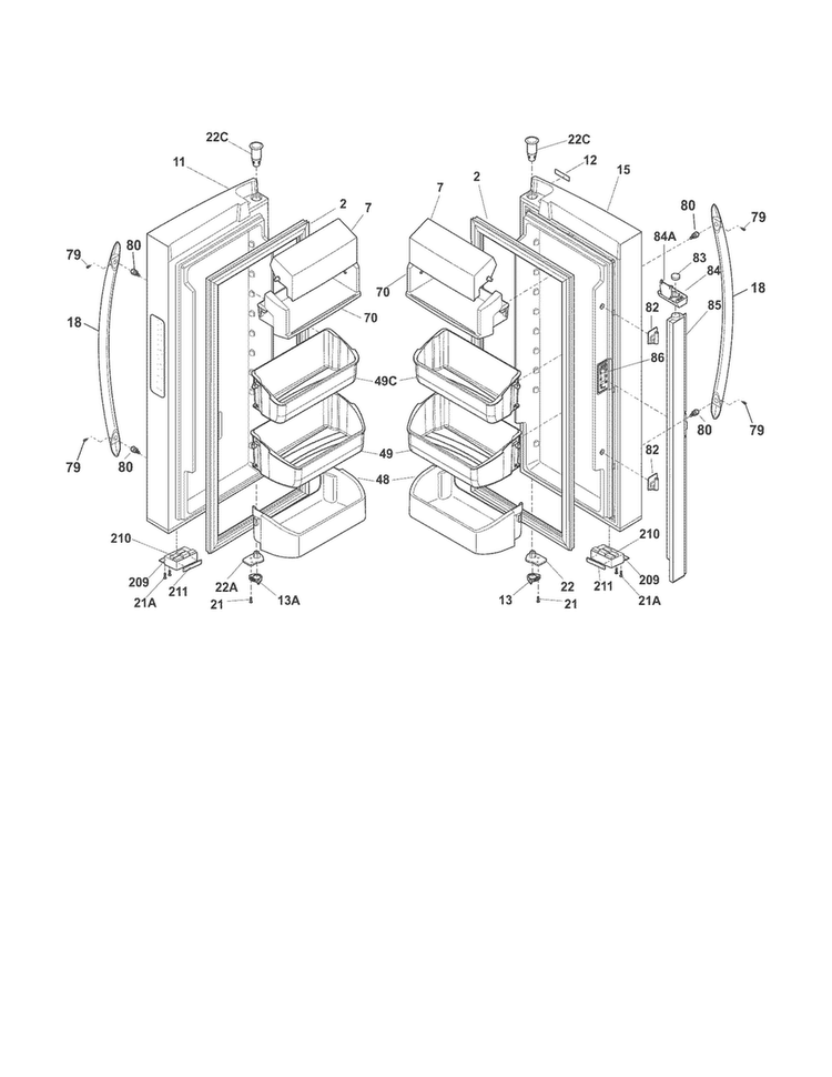 Fresh Food Doors Diagram and Parts List for FGHG2344MF6  Frigidaire Refrigerator