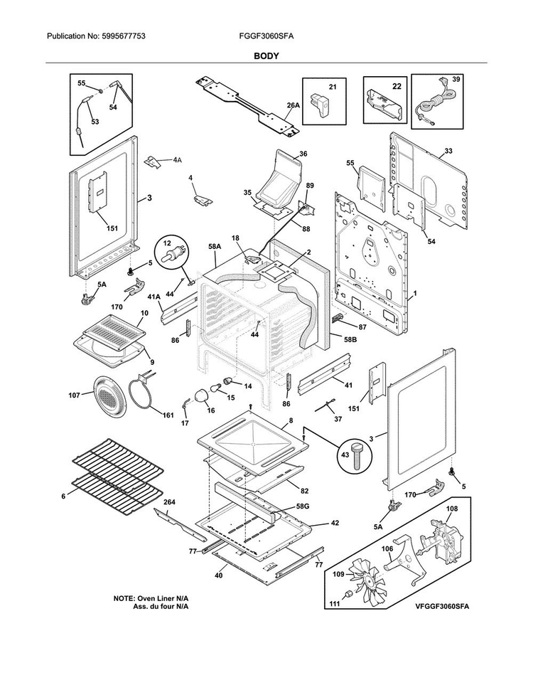 Body Diagram and Parts List for FGGF3060SFA  Frigidaire Range
