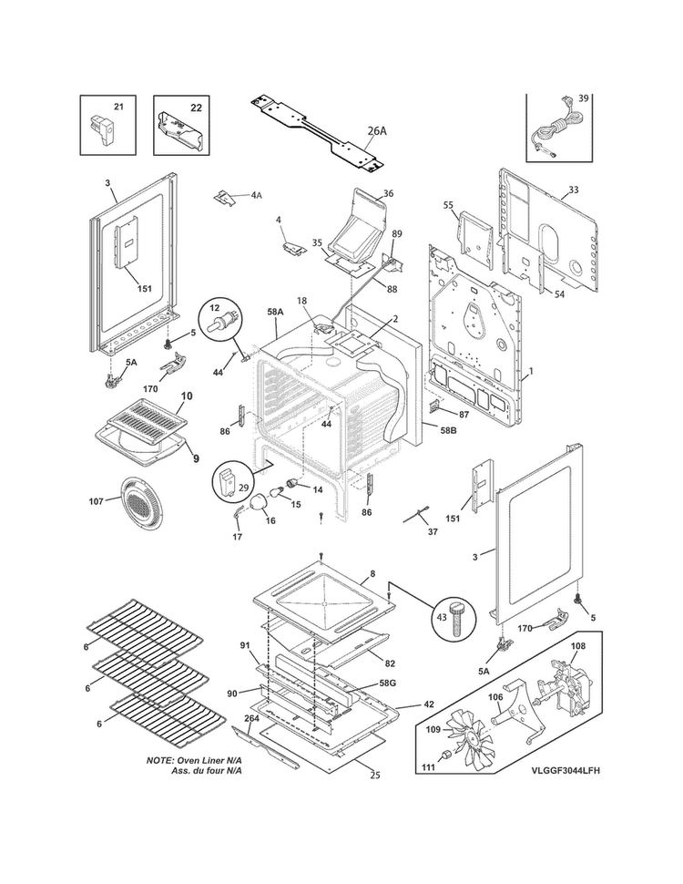 Body Diagram and Parts List for LGGF3044LFH  Frigidaire Range