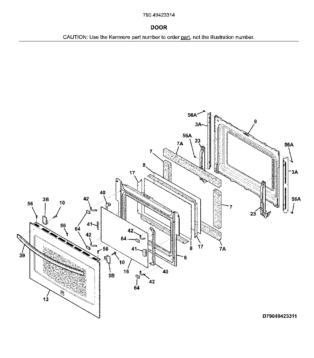 Door Diagram and Parts List for 79049423314  Kenmore Wall Oven