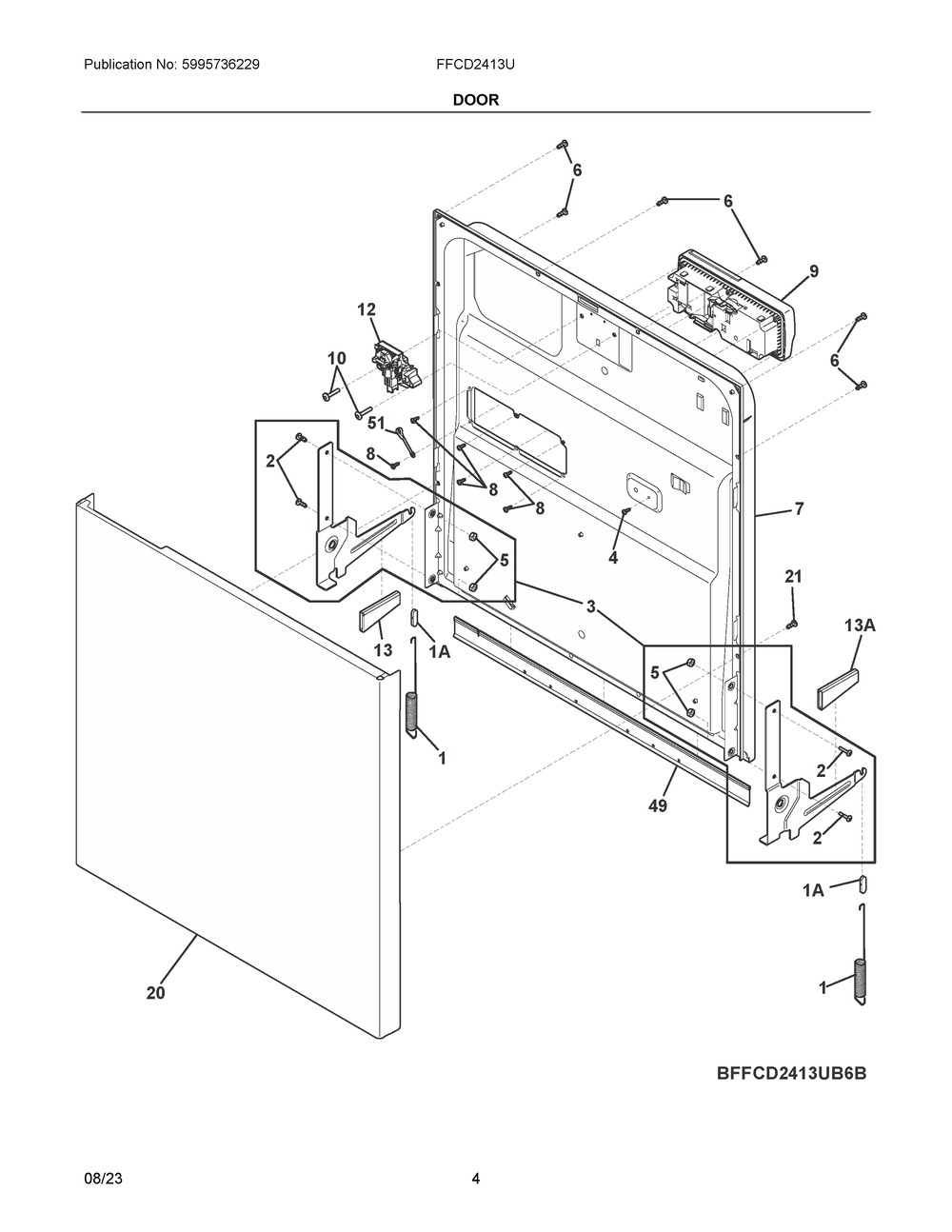 Door Diagram and Parts List for FFCD2413US6B  Frigidaire Dishwasher