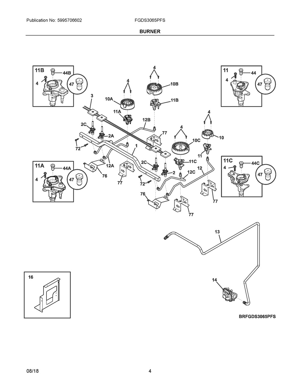 Burner Diagram and Parts List for FGDS3065PFS  Frigidaire Range