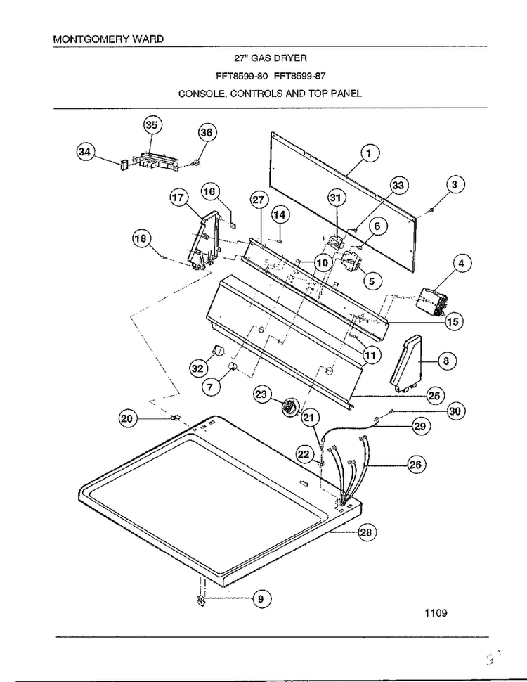 Console, Controls And Top Panel Diagram and Parts List for 8599-87  Frigidaire Dryer