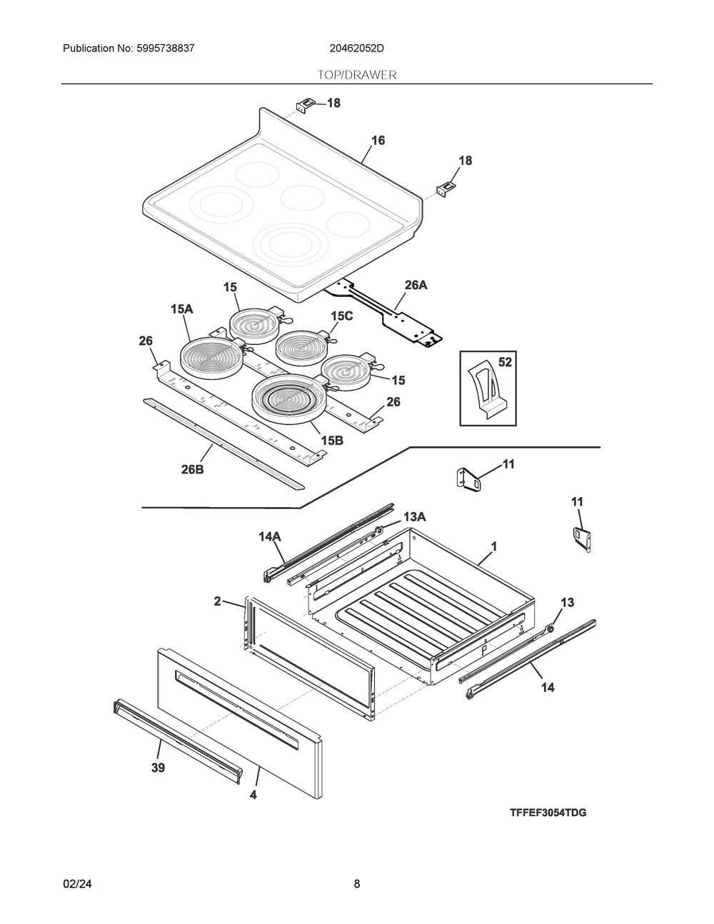 Top/Drawer Diagram and Parts List for 20462052D  Frigidaire Range