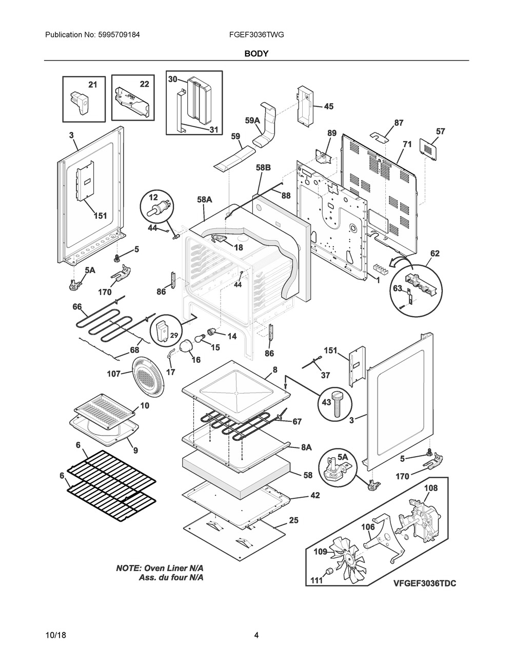 Body Diagram and Parts List for FGEF3036TWG  Frigidaire Range