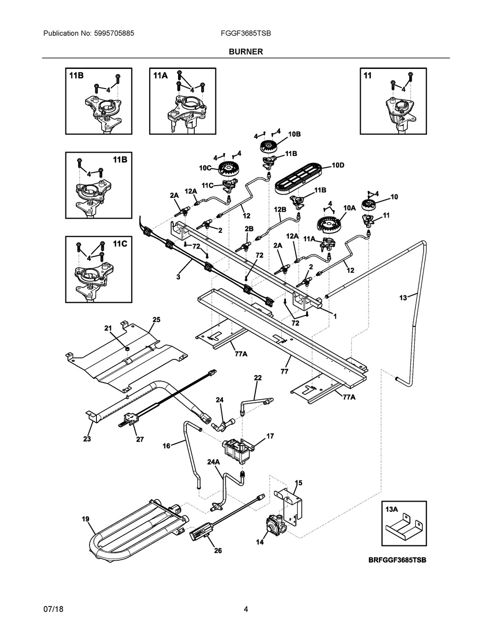 Burner Diagram and Parts List for FGGF3685TSB  Frigidaire Range