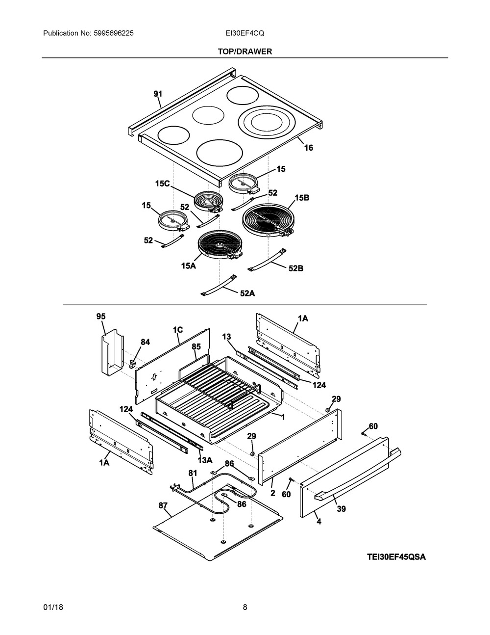 Top/drawer Diagram and Parts List for EI30EF4CQSD  Frigidaire Range