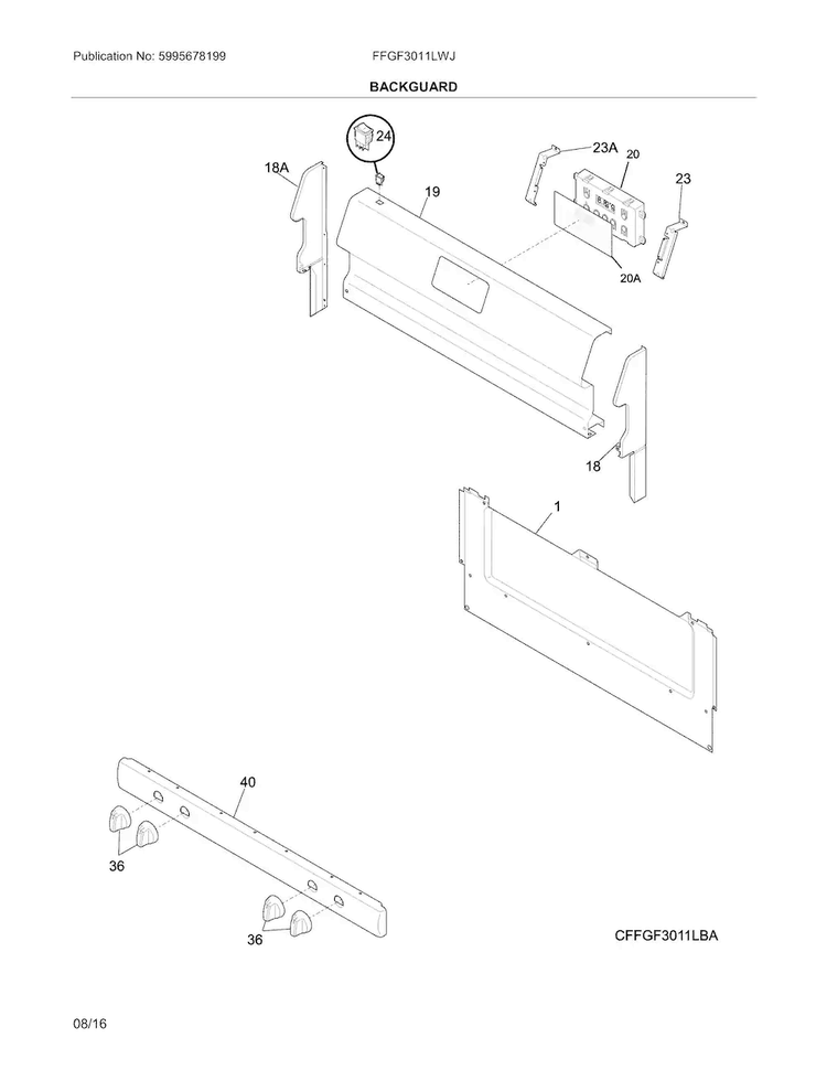 Backguard Diagram and Parts List for FFGF3011LWJ  Frigidaire Range