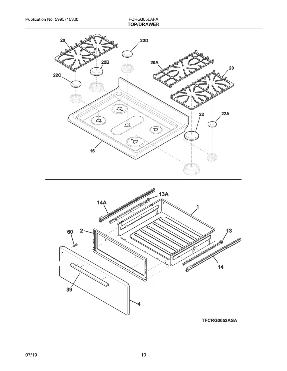 Top/drawer Diagram and Parts List for FCRG305LAFA  Frigidaire Range