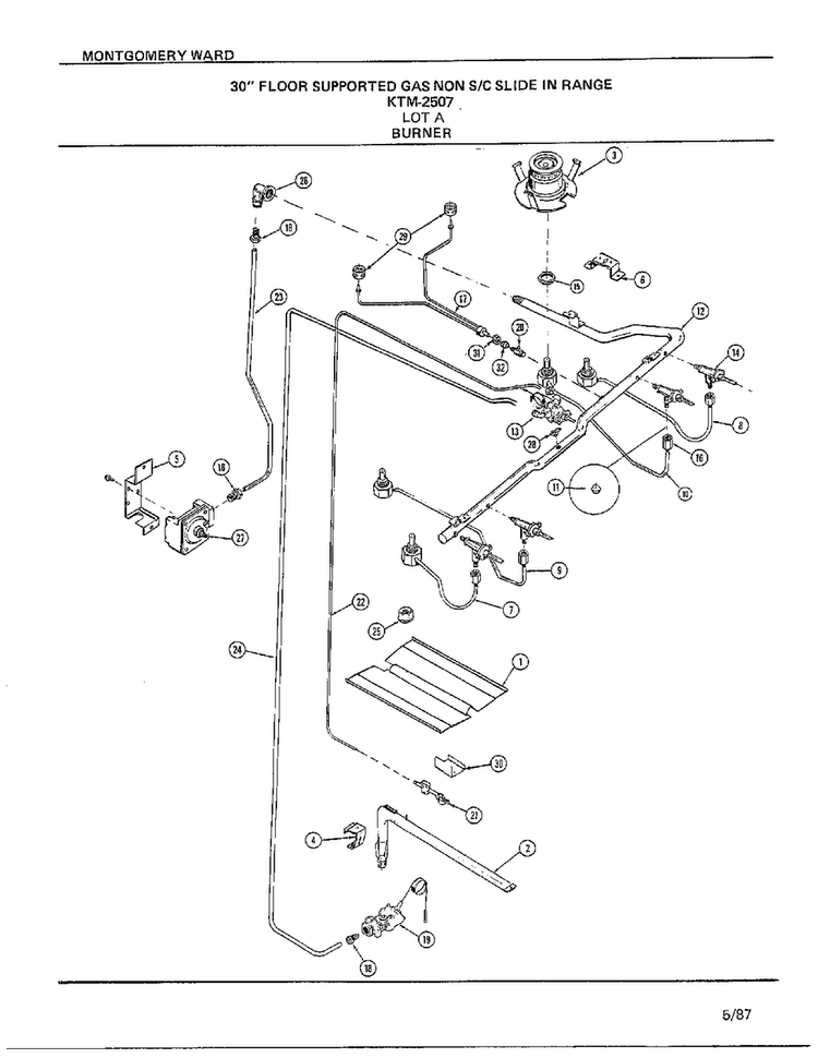 30` Floor/burner Diagram and Parts List for 2507A  Frigidaire Range