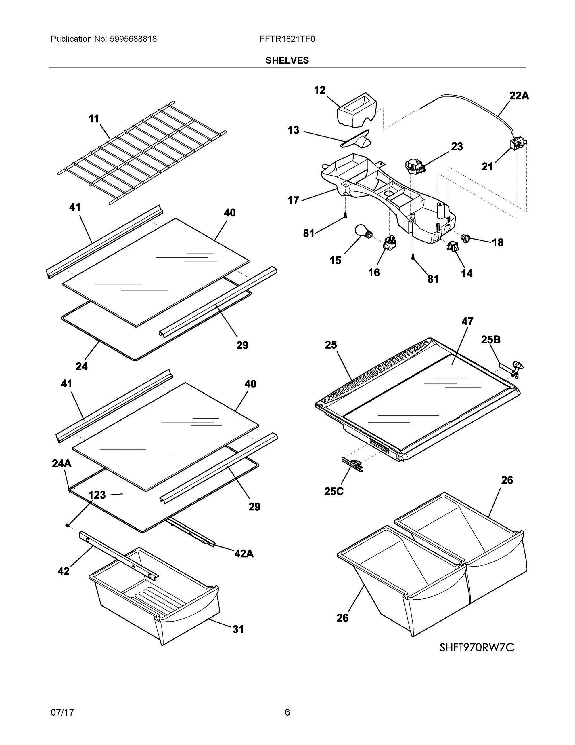 04 - SHELVES Diagram and Parts List for FFTR1821TF0  Frigidaire Refrigerator