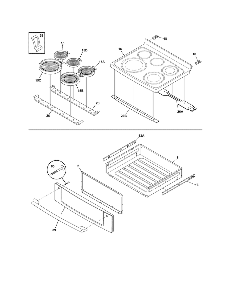Top/drawer Diagram and Parts List for CEI30EF3JSA  Electrolux Range