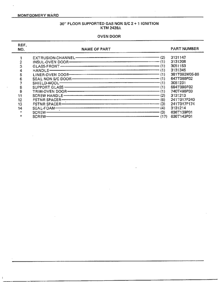 30" Floor/oven Door Page 2 Diagram and Parts List for 2428A  Frigidaire Range