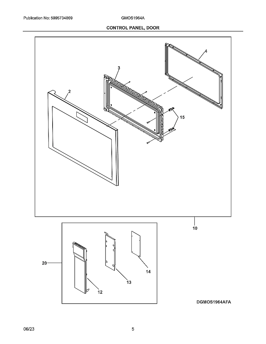 Control Panel, Door Diagram and Parts List for GMOS1964AFA  Electrolux Microwave