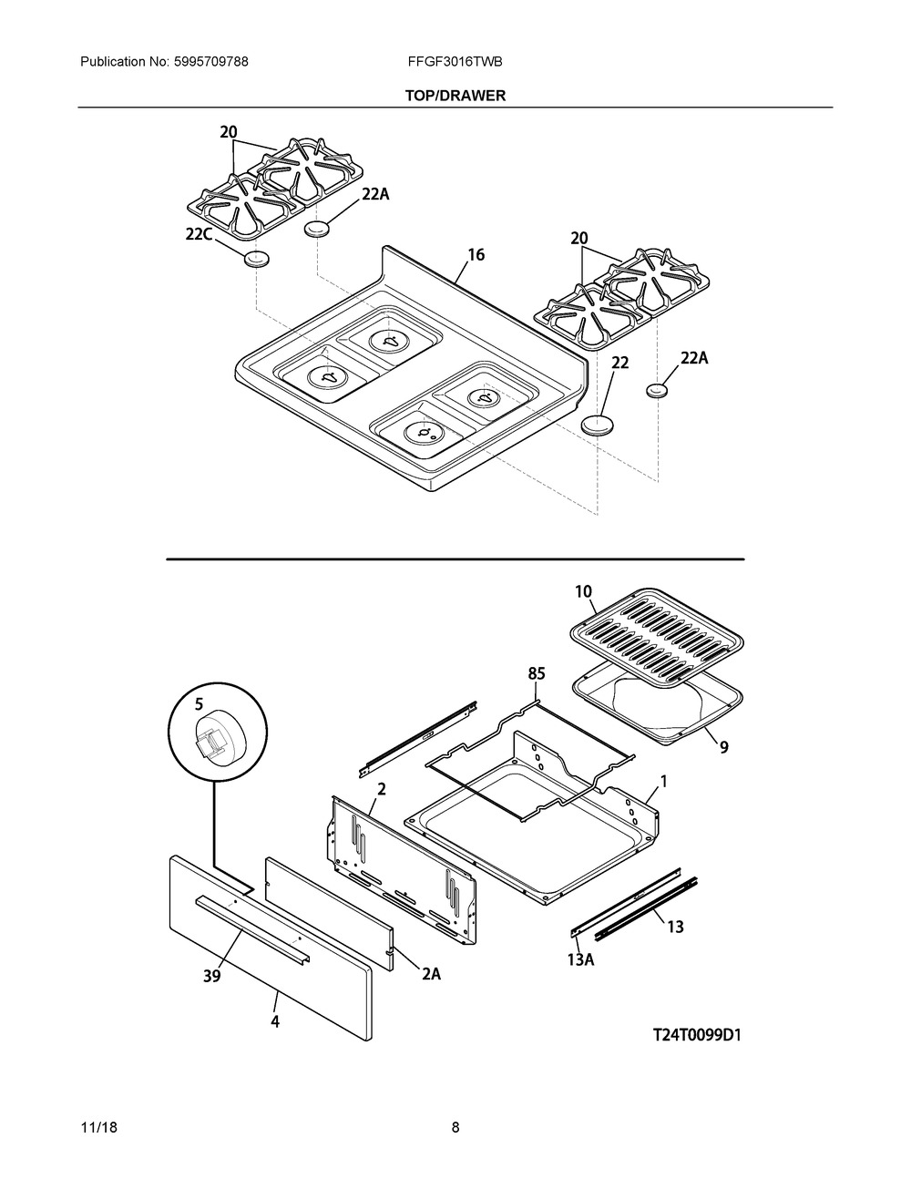 Top/drawer Diagram and Parts List for FFGF3016TWB  Frigidaire Range