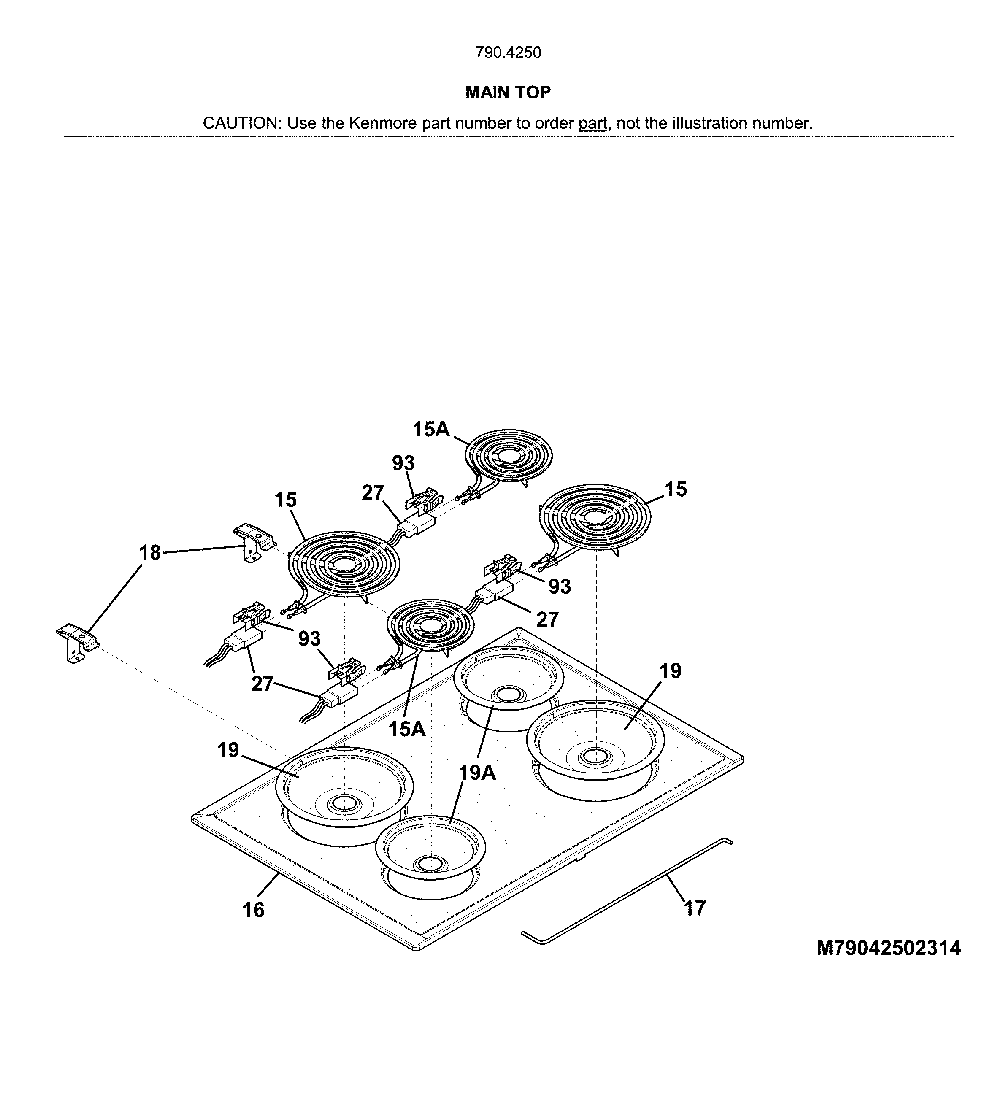 Main top Diagram and Parts List for 79042502315  Kenmore Range