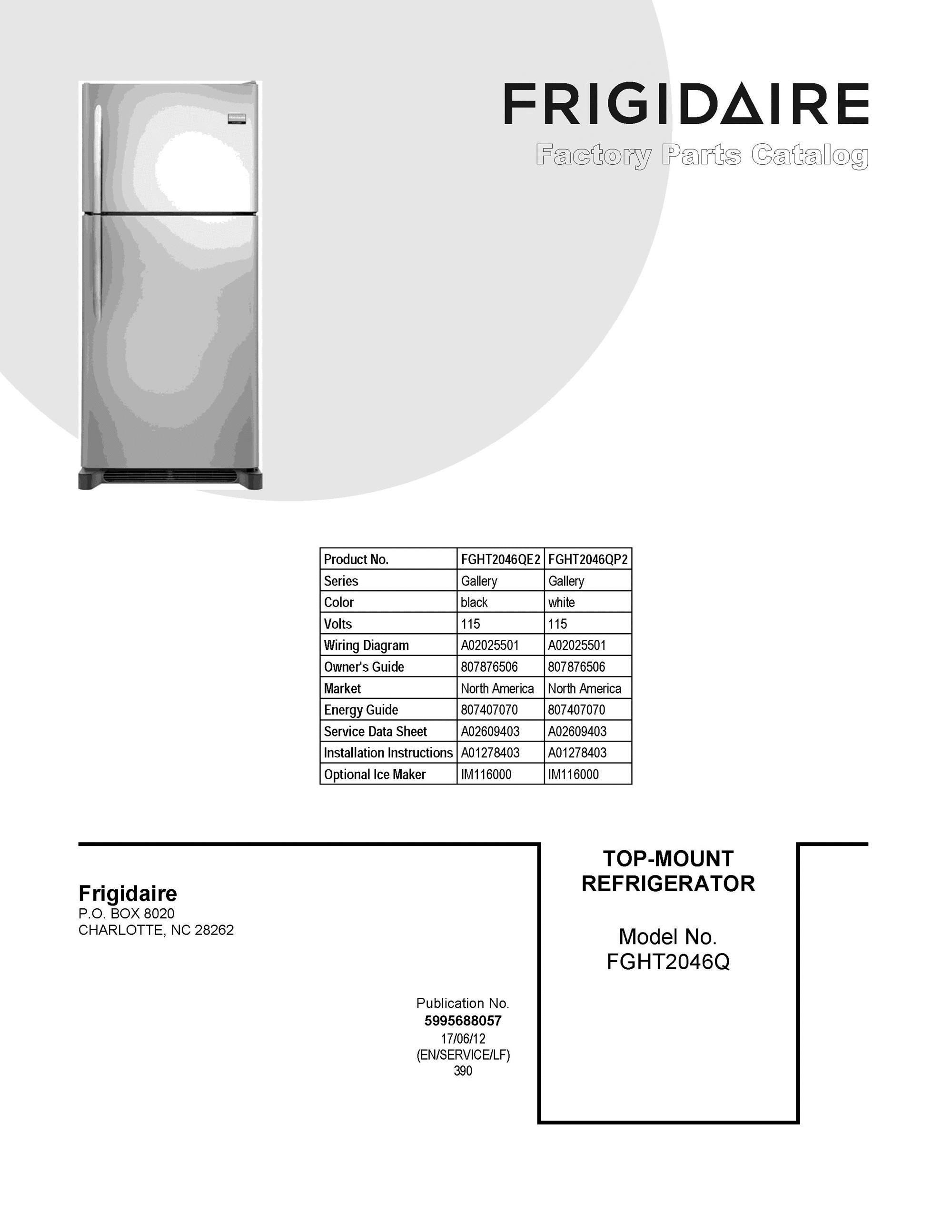 01 - COVER SHEET Diagram and Parts List for FGHT2046QP2  Frigidaire Refrigerator