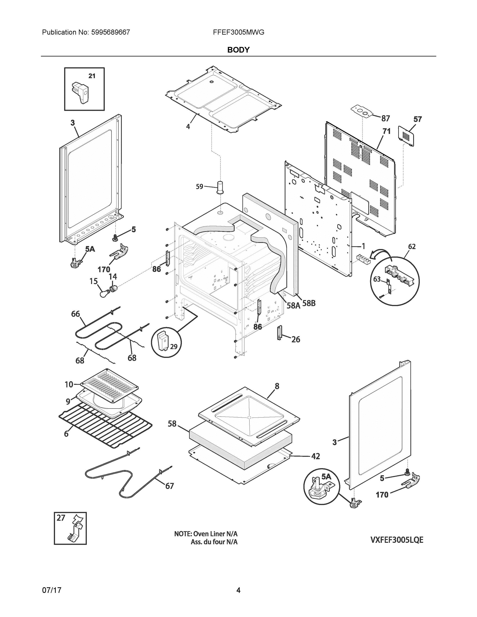03 - BODY Diagram and Parts List for FFEF3005MWG  Frigidaire Range