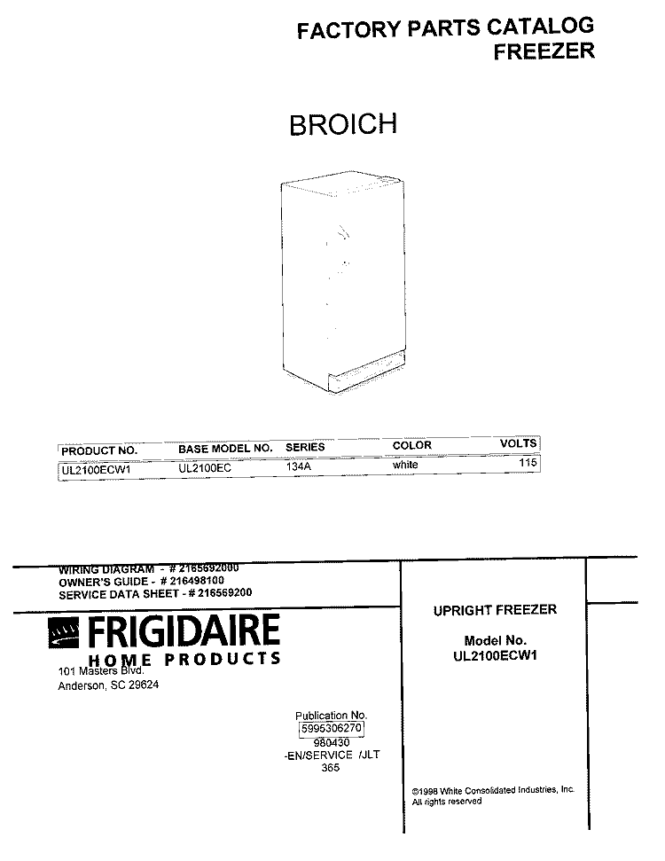 COVER Diagram and Parts List for UL2100ECW1  Electrolux Freezer