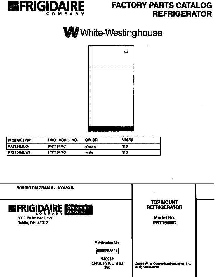 TOP MOUNT REFRIGERATOR Diagram and Parts List for PRT154MCD4  Frigidaire Refrigerator