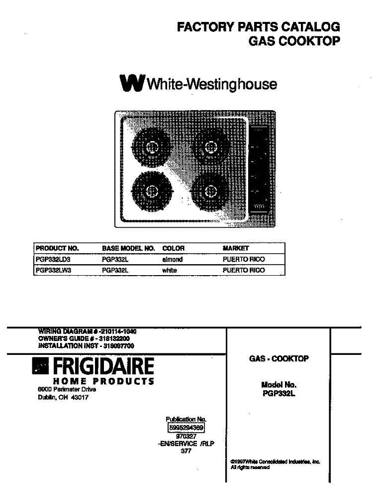COVER Diagram and Parts List for PGP332LW3  Frigidaire Cooktop