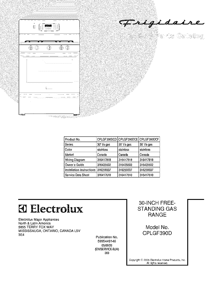 COVER Diagram and Parts List for CPLGF390DCD  Frigidaire Range