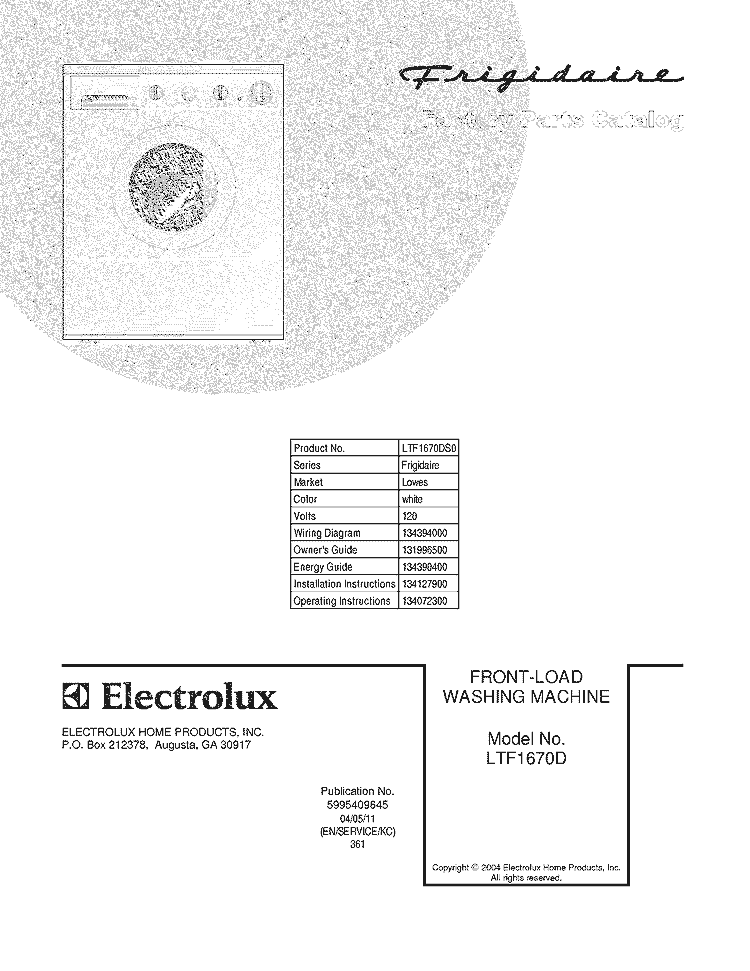 COVER Diagram and Parts List for LTF1670DS0  Frigidaire Washer