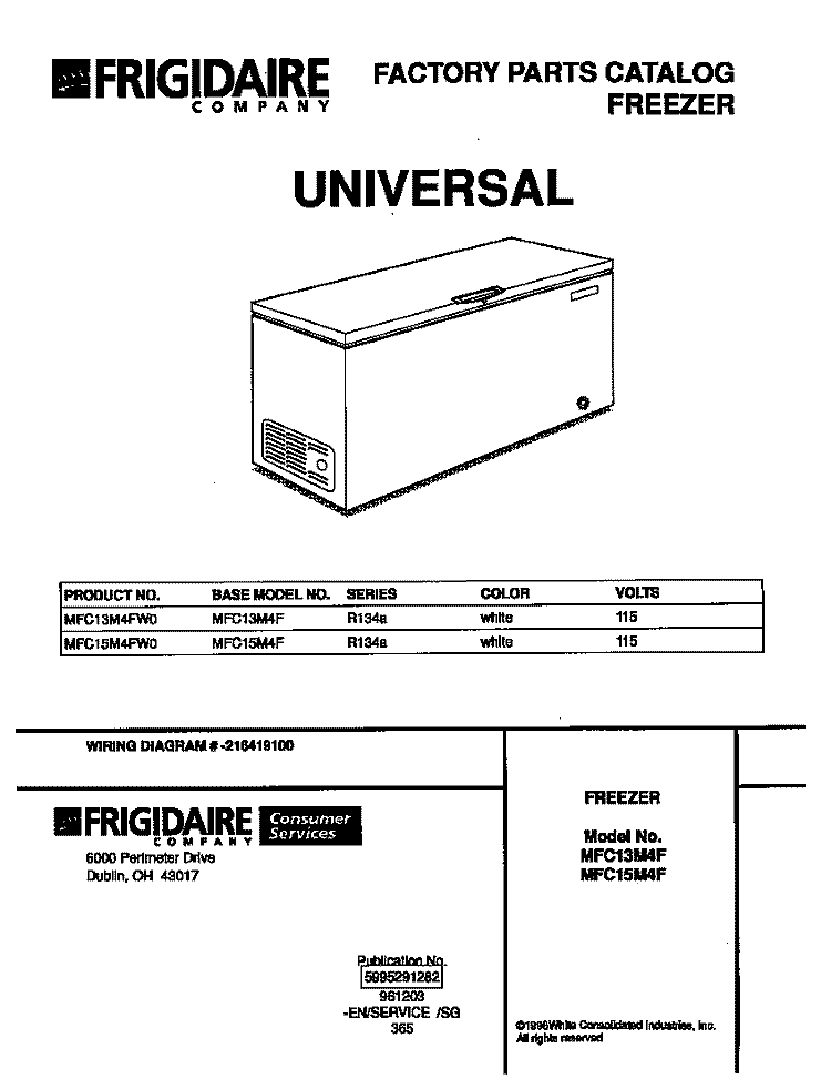 COVER Diagram and Parts List for MFC13M4FW0  Frigidaire Freezer