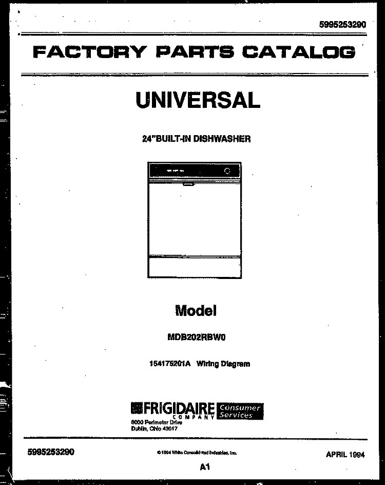 COVER Diagram and Parts List for MDB202RBW0  Frigidaire Dishwasher