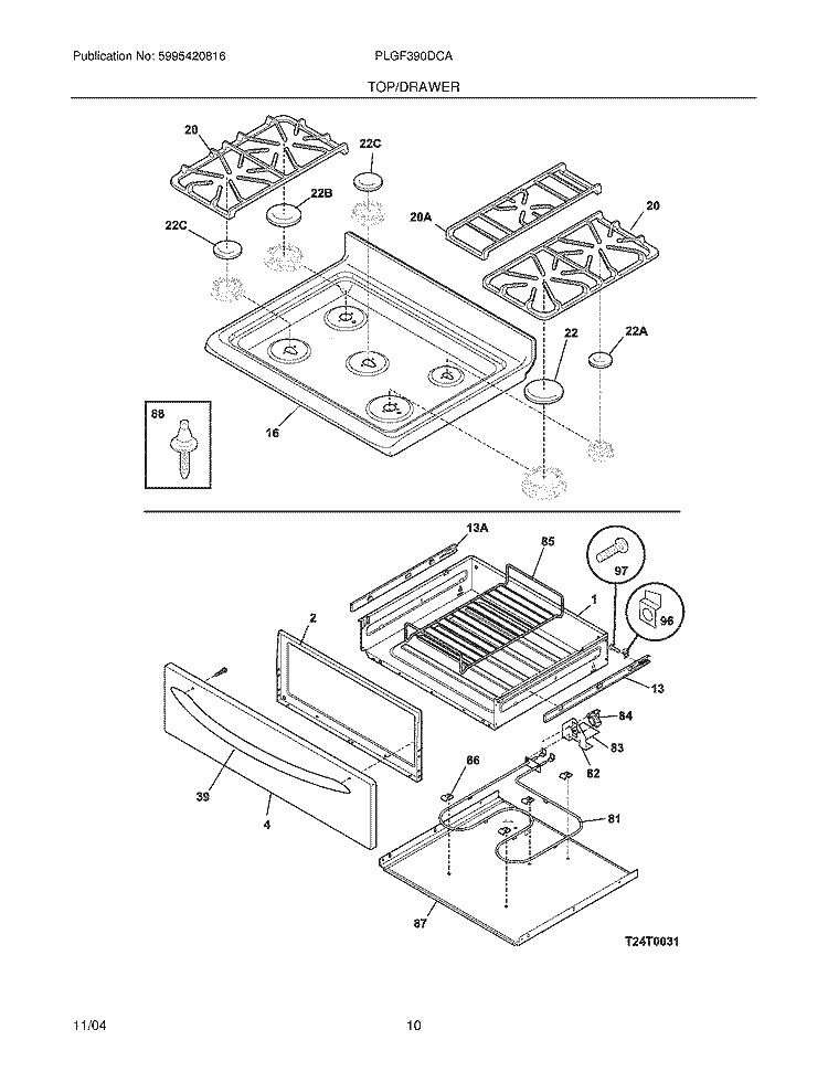 TOP / DRAWER Diagram and Parts List for PLGF390DCA  Frigidaire Range