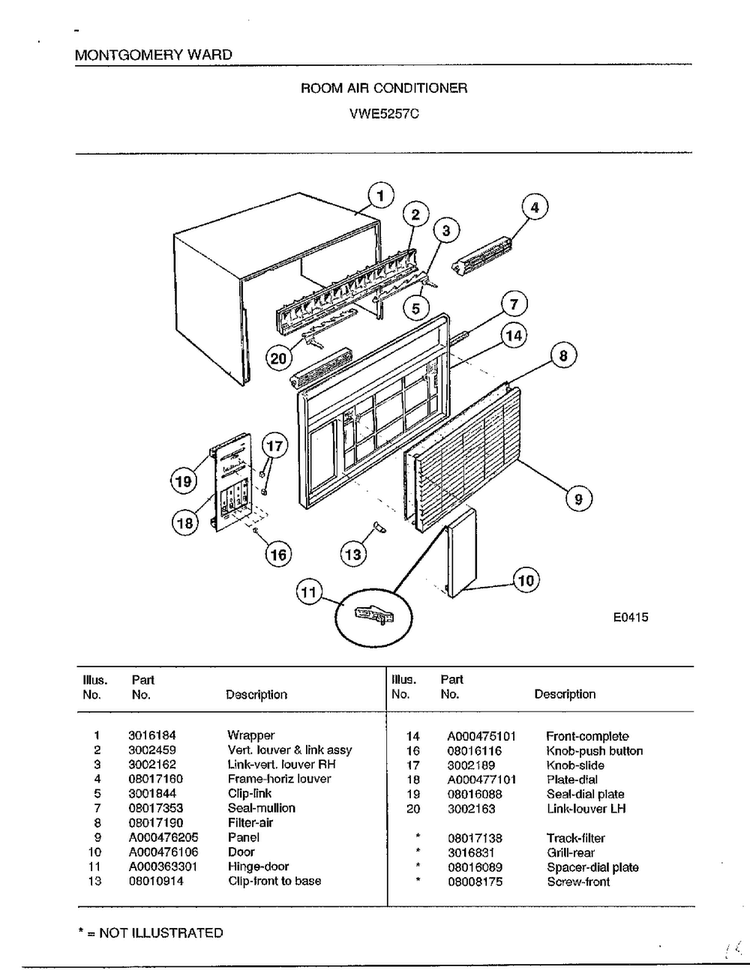 Room Air Conditioner Diagram and Parts List for 5257C  Frigidaire Air Conditioner