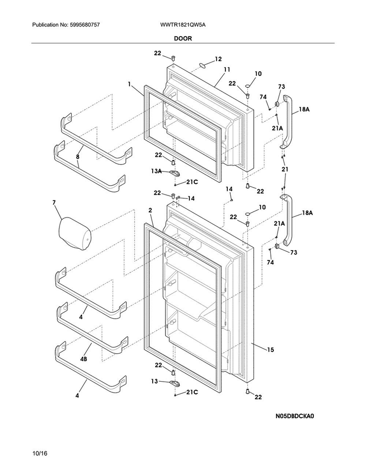 Door Diagram and Parts List for WWTR1821QW5A  Westinghouse Refrigerator