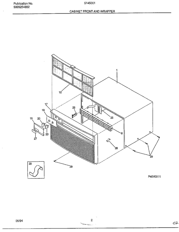 Cabinet Front And Wrapper Diagram and Parts List for 5145001B  Frigidaire Air Conditioner