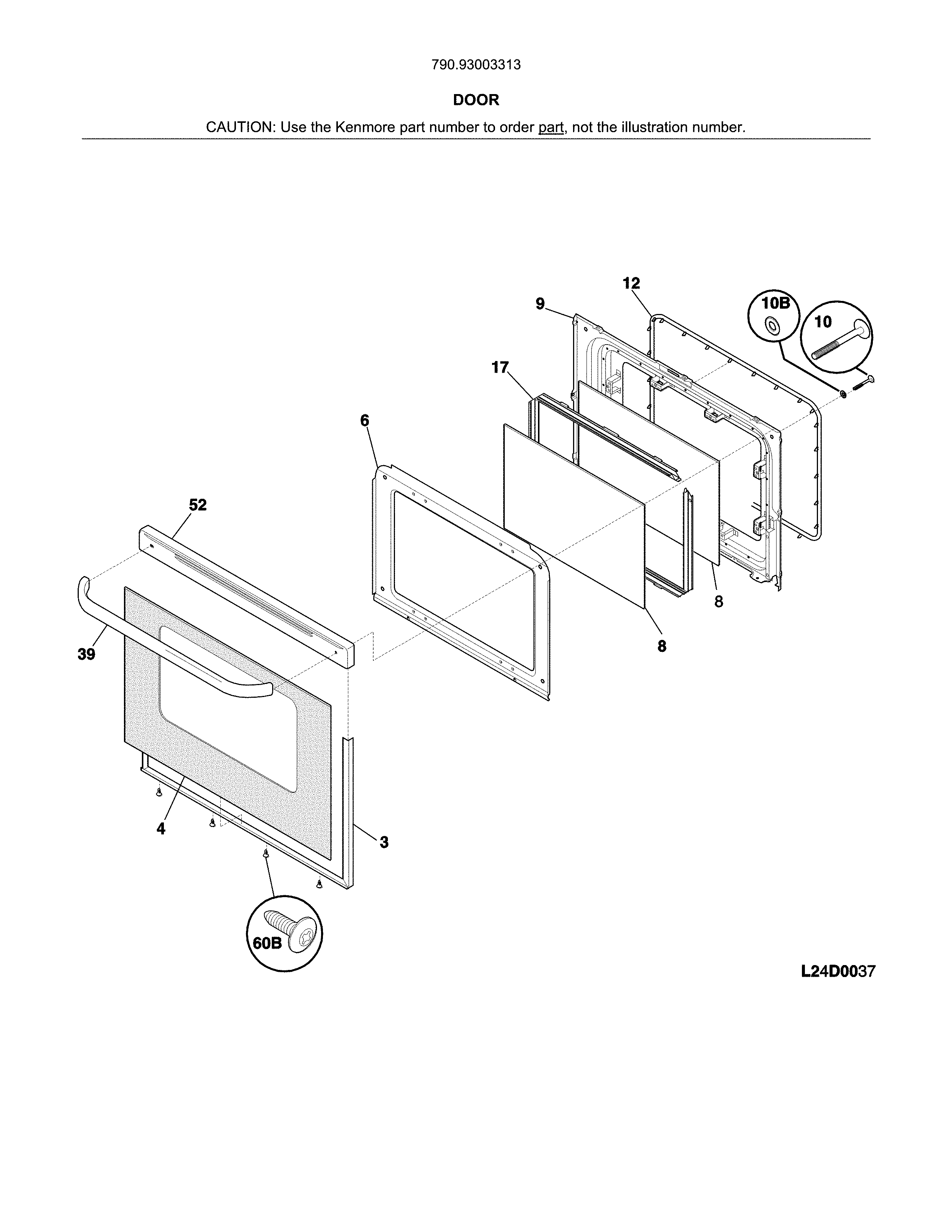 Door Diagram and Parts List for 79093003313  Kenmore Range