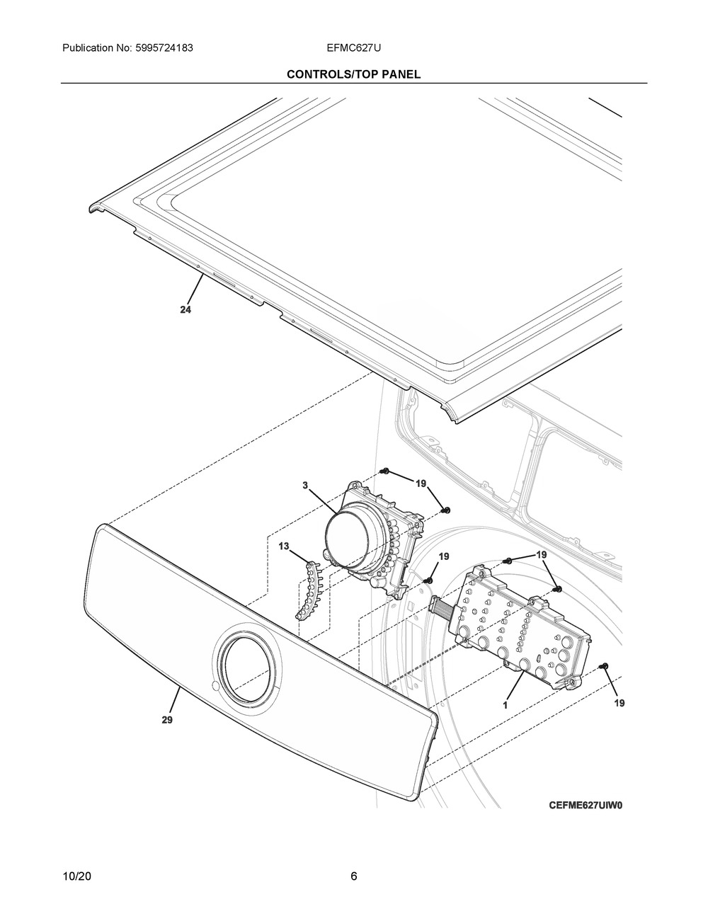 Controls/Top Panel Diagram and Parts List for EFMC627UTT2  Frigidaire Dryer
